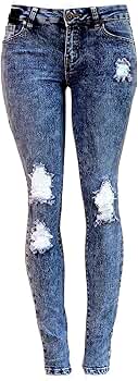 Diamante Juniors Women's Blue Denim Jeans Destroy Skinny